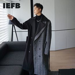 IEFB Autumn Winter Fashion Colour Block Patchwork Medium Long Woollen Coat Men's Loose Trend Bandge Long Coat With Belt Y4834 210524