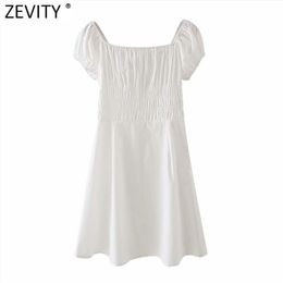 Spring Women Sweet Slash Neck Short Sleeve Elastic Slim A Line Dress Prairie Chic Female Pleats Mini Vestido DS4979 210416