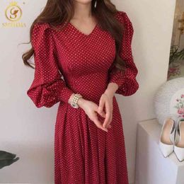 Fashion Korea Chic Elegant Spring Print Dot Dress Vintage Lantern Sleeve Slim Waist Lace-Up Long Dresses Vestidos 210520