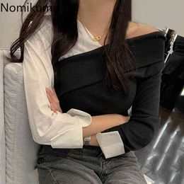 Nomikuma Black White Hit Color Patchwork Women Knitwear Sexy Strapless Long Sleeve Knitted Top Causal Spring Pullover 6E226 210427