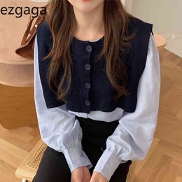 Ezgaga Two Piece Set Women Autumn Chic V-Neck Cropped Sweater Vest Shawl and Long Sleeve Shirts Office Lady Elegant Fashion 210430