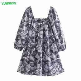 Dresses for Women Summer Vintage Oversized Ink Print Mini Dress Woman Out Going Casual Smock Design Vestidos Long Sleeve 210430