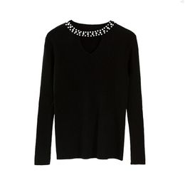 Spring Women Pearl Beading Knit Sweaters Sexy Slim O-neck Long Sleeves Knitwear 210421