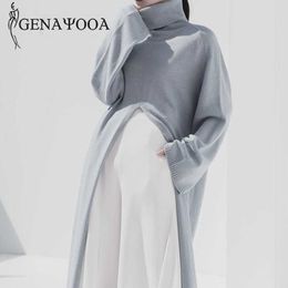 Genayooa Womens Turtleneck Pullover Sweater Long Sleeve Vintage Loose Knit Split Solid Jumper Ladies Korean Style 210805