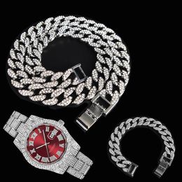 Chains 3pcs Kit 15MM Hip Hop Iced Out Paved Rhinestones Miami Cuban CZ Necklace+Watch+Bracelet Rapper Necklaces For Man Charm Jewelry