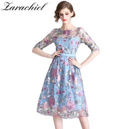 Heavy Work Mesh Flower Embroidery Summer Women Elegant O Neck Casual Floral Party Dress Fashion Office Vestidos Mujer 210416