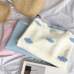 cute Clouds Korean style Women's Sweater Kawaii Loose Thick Harajuku Clothing For Women long sleeve vintage knitted sweater 211011