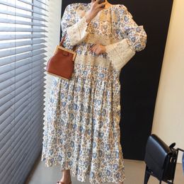 Women White Print Patchwork Long Dress Round Neck Lace Flare Sleeve Loose Fashion Spring Summer 2F0626 210510