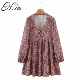 Women Long Sleeve Ruffles Dresses V neck Pleated Loose Straright Vestidos European Fashion Floral Pink Party Dress 210430