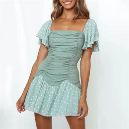 polka dot flare sleeve bodycon summer dress women ruched ruffle party short mini vintage beach green vestido 210427