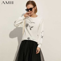 Amii Minimalizm Bahar Moda Hoodies Kadınlar için Nedensel Oneck Baskılı Gevşek Kazak Kadın Kazak Tops 12170035 211008