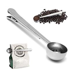 Useful Coffee Tea Tool Stainless Steel Cup Ground Coffee Measuring Scoop Spoon with Bag Sealing Clip DH8768