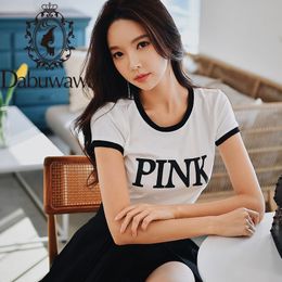 Dabuwawa Slogan Letter Print Solid Slim Fitted Tee Women Short Sleeve Round Neck T Shirt Female Casual T-shirt Tops DO1BTS007 210520