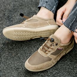 Men Summer Breathable Loafers Outdoor Flats Pig Leather & Mesh Male Lace-up Shoes Perspiration Moccasins Anti-skid 2022
