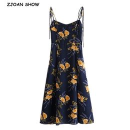 French Summer Navy Blue Floral Print Bandage Spaghetti Strap Midi Dress Retro Sexy Women Lacing Up Sling Slit Vestido 210429