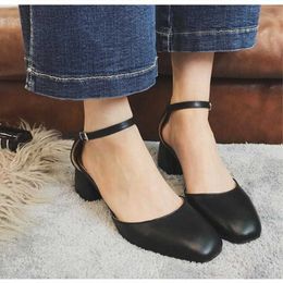 EOEODOIT Spring Autumn Mary Janes Shoes Women Retro Square Toe Leather Pumps Med Chunky Heels 5 cm Ankle Buckle Y0611