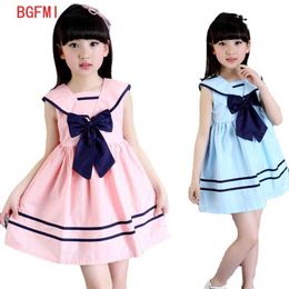 Summer Wear New Girls Navy Sleeveless Dress Middle School Children's College Wind School Uniform Big Bow Baby Children Dresses Q0716