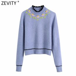 Women Fashion Lace Crochet Flower Appliques Casual Knitting Sweater Femme Chic Long Sleeve Embroidery Pullovers Tops S575 210416