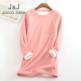 Jocoo Jolee Vintage Solid O Neck Hoodies Winter Long Sleeve Fleece Sweatshirt Casual Warm Thick Tops Plush Slim Women's Clothes 210518