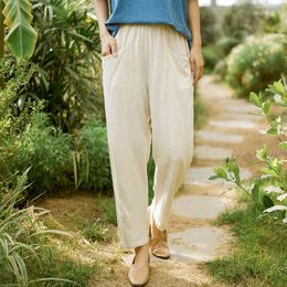 Johnature Women Harem Pants Cotton Linen Casual Trouser Solid Colour Pockets Summer Soft Female Clothes Vintage Pants 210521