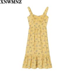 high quality Sexy Yellow Floral Print Tank Vestidos chic Spaghetti Straps Summer Dresses Vintage Ruffles Long Women Dress 210520