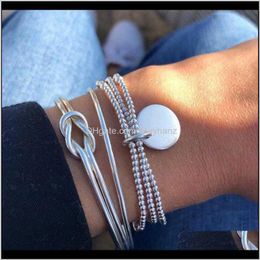 Charm Bracelets Drop Delivery 2021 Fashion Sier Colour Geometric Set Vintage Round Knotted Bead Chain Bracelet Statement Women Jewellery Gifts K