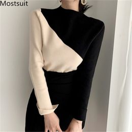 Color-blocked Knitted Pullover Sweater Women Splitting Sleeve O-neck Korean Fashion Slim Female Jumpers Tops Femme 210513