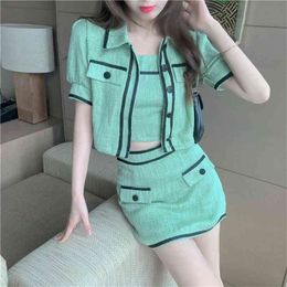 Summer Women 2 Piece Set Lady Elegant Tweed Lapel Puff Sleeve Crop Top + Sexy Vest Mini Skirt Fashion Suit 210519