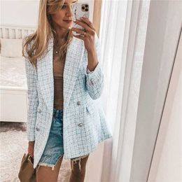 Stylish Chic Blue Tweed Jacket Women Fashion Turn-down Collar Double Breasted Pockets Coat Female Casual Outerwear 211117