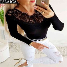 Tops Slim Long Sleeve Lace Stitching Solid Color Fall Women Fashion Arrival Skinny Casual V Neck Blusas Para Mujer 210515