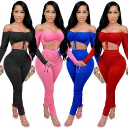 Zoctuo Solid Two Piece Set Off Shoulder Women'S Set Long Sleeve Shirt Trousers Pants Set Outfits Drawstring Sexy Club Tracksuit Y0625