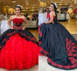 2022 Modest Black And Red Quinceanera Dresses Charro Sweet 16 Girls Ball Gowns Pearls Pleated Floral Appliques Ruffle Formal Dress Special Occasion Mexican Style