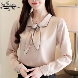 Womens tops and blouses spring OL Button Animal Stand solid ladies korean fashion clothes chiffon blouse shirt 8190 50 210427