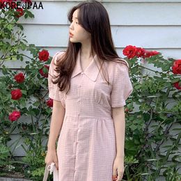Korejpaa Women Dress Summer Korean Gentle Solid Color Lapel Plaid Design Single Breasted Slim Bubble Sleeve Split Dresses 210526