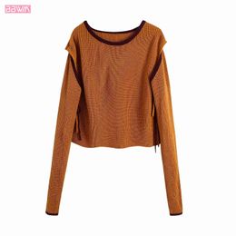 Vintage Round Neck Long Sleeve Strapless Women Chic Knitted T-shirt Fashionable Solid Color Loose Female Hedging Tops 210507