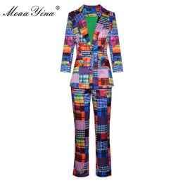 Fashion Designer Suit Autumn Winter Women Long sleeve Plaid Tops+ 3/4 pants Two-piece set 210524