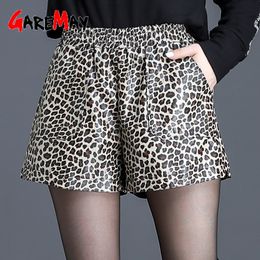 Leopard Print High Waist Leather Shorts Women's Autumn and Winter Loose Wide Leg PU Pants Large Size Elastic 210428