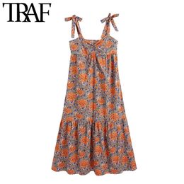 Women Chic Fashion Floral Print Ruffled Midi Dress Vintage Wide Straps With Tied Side Zipper Female Dresses Mujer 210507