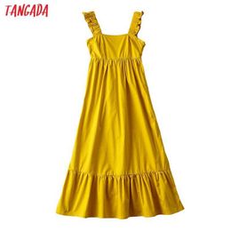 Tangada Women Solid Yellow Midi Dress Ruffles Strap Sleeveless Fashion Lady Elegant Dresses Vestido AI79 210609