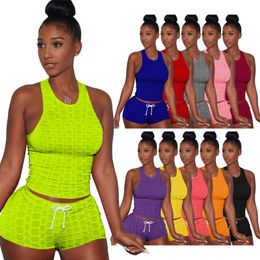 2021 High Elastics Jacquard Yoga FitnSet SleevelTank Top Shorts Tracksuit Women Gym Clothes Workout Push Up Sporty Suit X0629