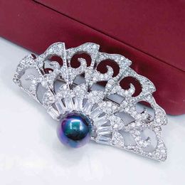 Vintage Chinese Fan Brooch Pins Women Wedding Jewellery Christmas Gift Antique Silver Tone White CZ & Blue Pearl Brooches