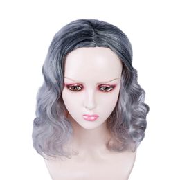 Grey Color Curly Wavy Synthetic Wig Simulation Human Hair Wigs for White Black Women JC00081