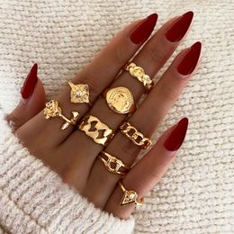 S2591 Fashion Jewellery Knuckle Ring Simple Rose Flower Chain Shape Geometric Rings Set 8pcs/set