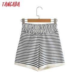 Tangada Women Elegant Striped Knit Shorts Strethy Waist Female Retro Basic Casual Pantalones AI42 210719