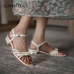 SOPHITINA Pearl Flat Heel Sandals Women Summer Open-toed Leather Shoes Ankle Buckle Handmade Comfortable Female Shoes AO818 210513