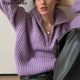 Yiyiyouni Zipper Polo Collar Knitted Oversized Sweater Women Autumn Winter Casual Thick Pullovers Female Loose White Jumper 211120