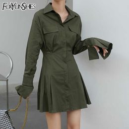 FORYUNSHES Women's Army Green Slim Pleated Dress Ladies Single Breasted Sexy Flare Long Sleeve Mini Dresses Autumn Fashion 210709