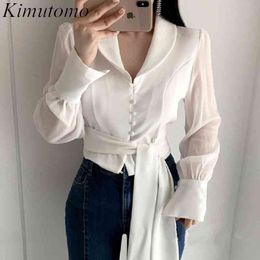 Kimutomo Chic Turn-down Collar Blouse Women Spring Solid Single Breasted Short Shirt Ladies Lace Up Elegant Tops 210521