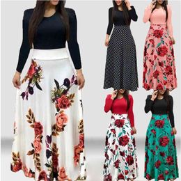 2020 Spring Autumn For Women Dress Casual Long Sleeve O-neck Tunic Patchwork Dresses Fashion Vintage Print Maxi Dress Vestidos X0521