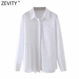 Women Hem Pleated Irregular Design White Smock Blouse Office Ladies Long Sleeve Pocket Shirt Chic Blusas Tops LS7693 210420